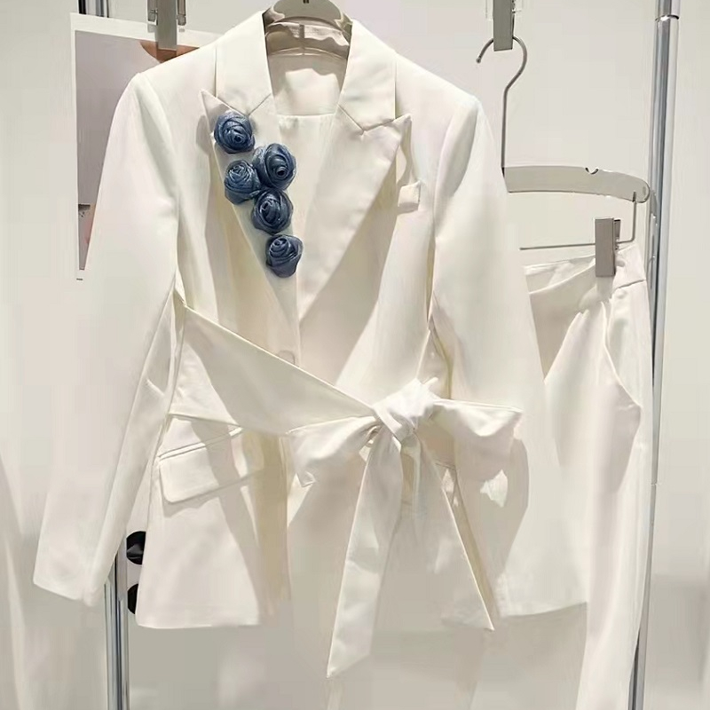 Top Quality Women's Set 2023 Spring Autumn Blazer Sets Ladies Flower Deco Belt Blazer Coats+Flare Leg Long Pant Suit Set Female