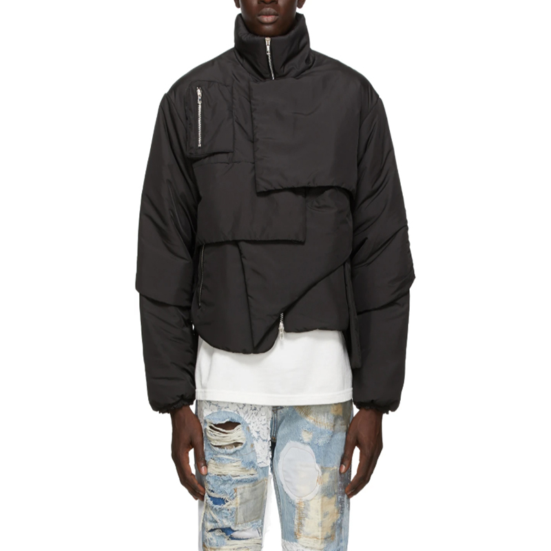 OEM long sleeve padded technical satin coat in black