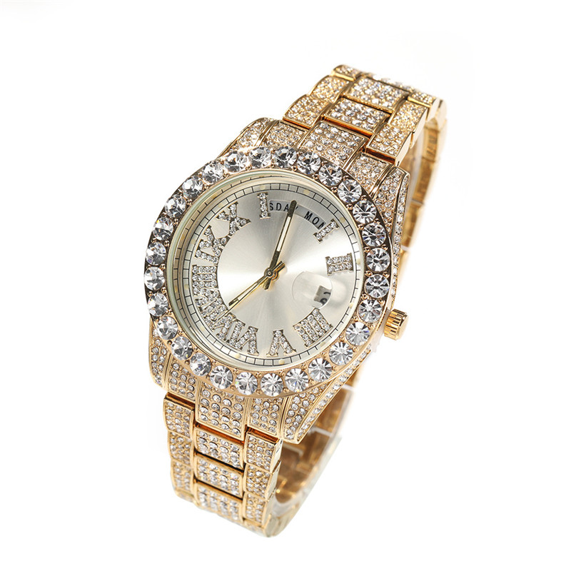 Hip Hop Iced Out Week Calendar Diamond Quartz Watch Roman Numerals Bling Rhinestone Stainless Steel Luxury Men Women Jewelry