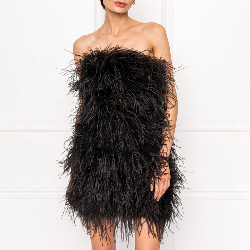Limit discounts Mini Cocktail Off Shoulder Ostrich Feather Dress Elegant Black Feather Dress Women