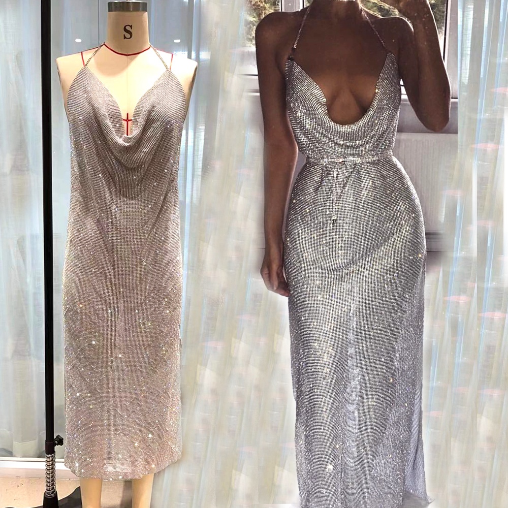 C017 Hot selling Rhinestone Club wear Aluminum Crystal Rhinestone Mesh Evening Dress For Party