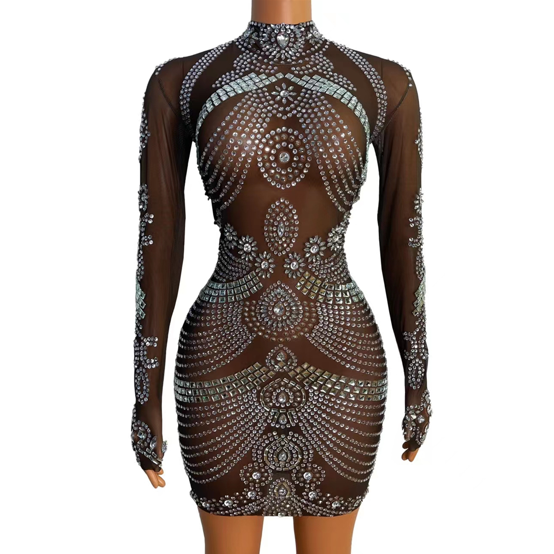 Faldas De Mujer Sparkly Mesh See Through Black Rhinestone Bodycon 2022 Short Prom Dresses Party Gowns Women Sexy Club Dresses