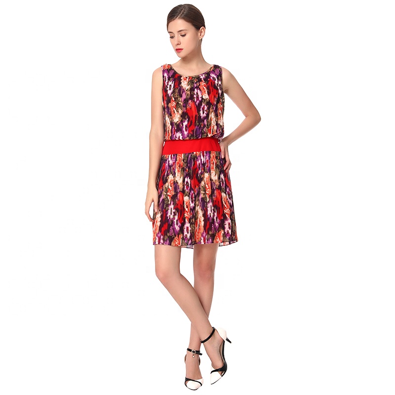 D040 2023 High Quality Print waist pleated dress Mini Women Evening Office Formal Casual Dresses