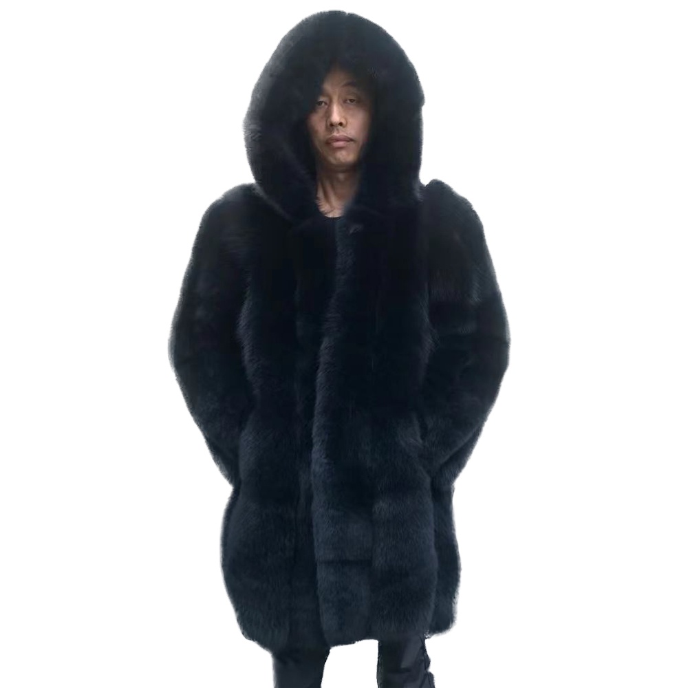 High quality Mens winter fur jacket thick warm Real genuine black fox fur coat with hood