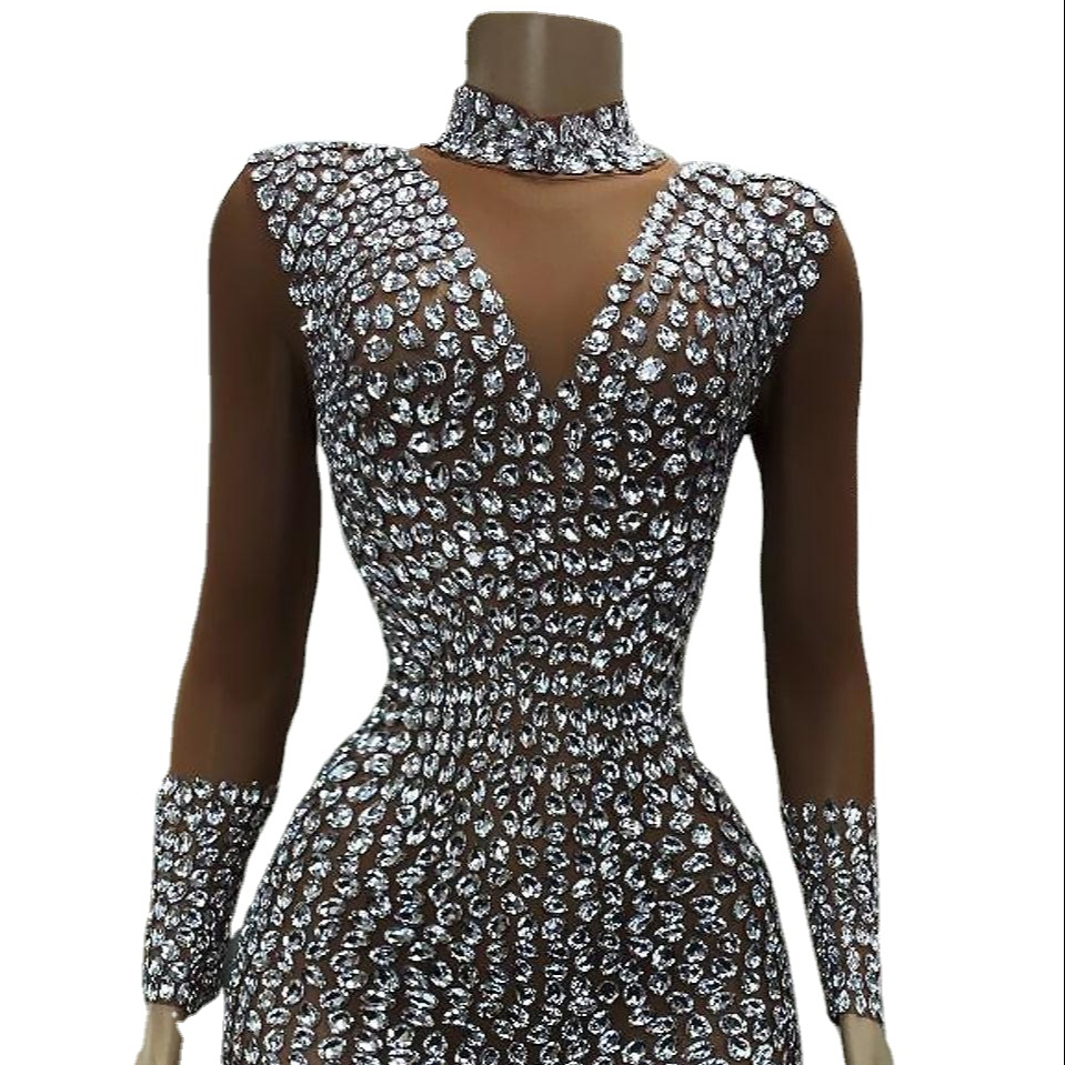 Glamour Sparkling Rhinestone Dress Long Sleeve Ladies Elegant Evening Dress
