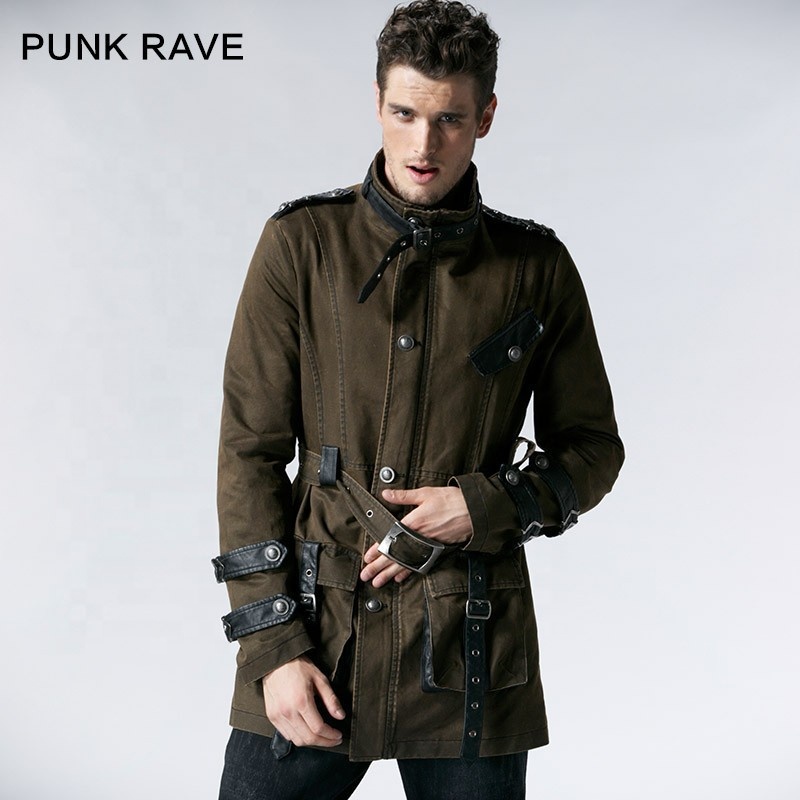 Punk Rave Y-532 Designer Men Fashion Goth Long Winter Long Men Coat Dark Green Trench Men Jackets