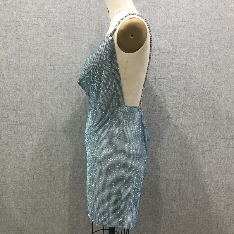 Party Metal Chain Shiny Blue Crystal Dress