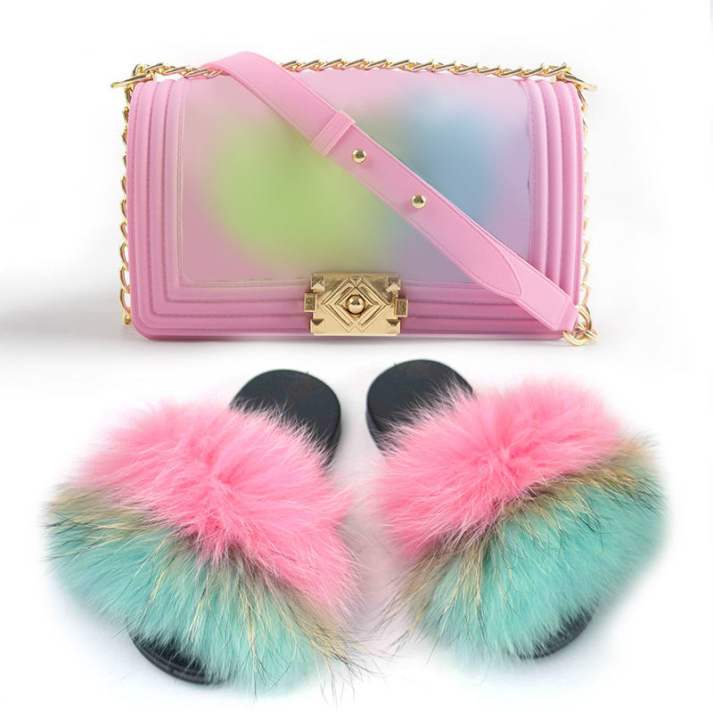 Handbag Italian Shoes Bag Set Purses Handbags High Quality Pu Handbag Match Fox Fur Slides Purse Set Shoes And Bag