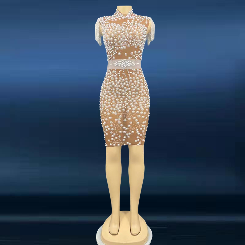 Novance Y2240-C Sparkly Pearl Diamond Tassel Elegant Dress 2022 High Quality Long Sleeve Mesh Bodycon Dress Casual Plus Size