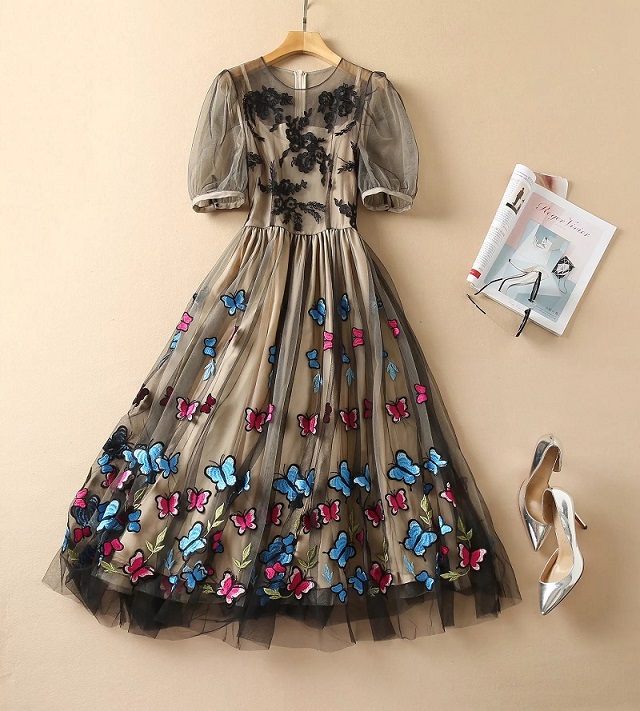 Top Quality New Long Party Evening Vestidos Dresses 2022 Spring Summer Women Exquisite Embroidery Short Sleeve Black Gown Dress