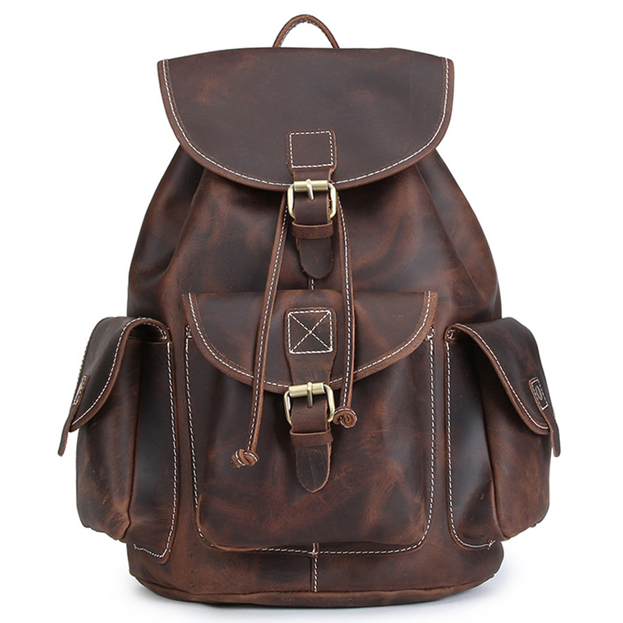 Leathercraft Men's Genuine Leather Vintage Utility Rubbed Cinched Backpack with Buckle Closures