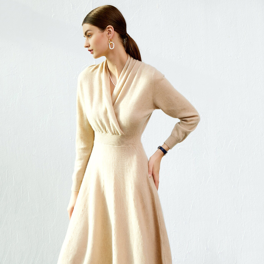 Wholesale Winter Long Sleeve Knit Dress French Style Custom Fall Elegant Casual Long Autumn Women 100% Cashmere Sweater Dresses