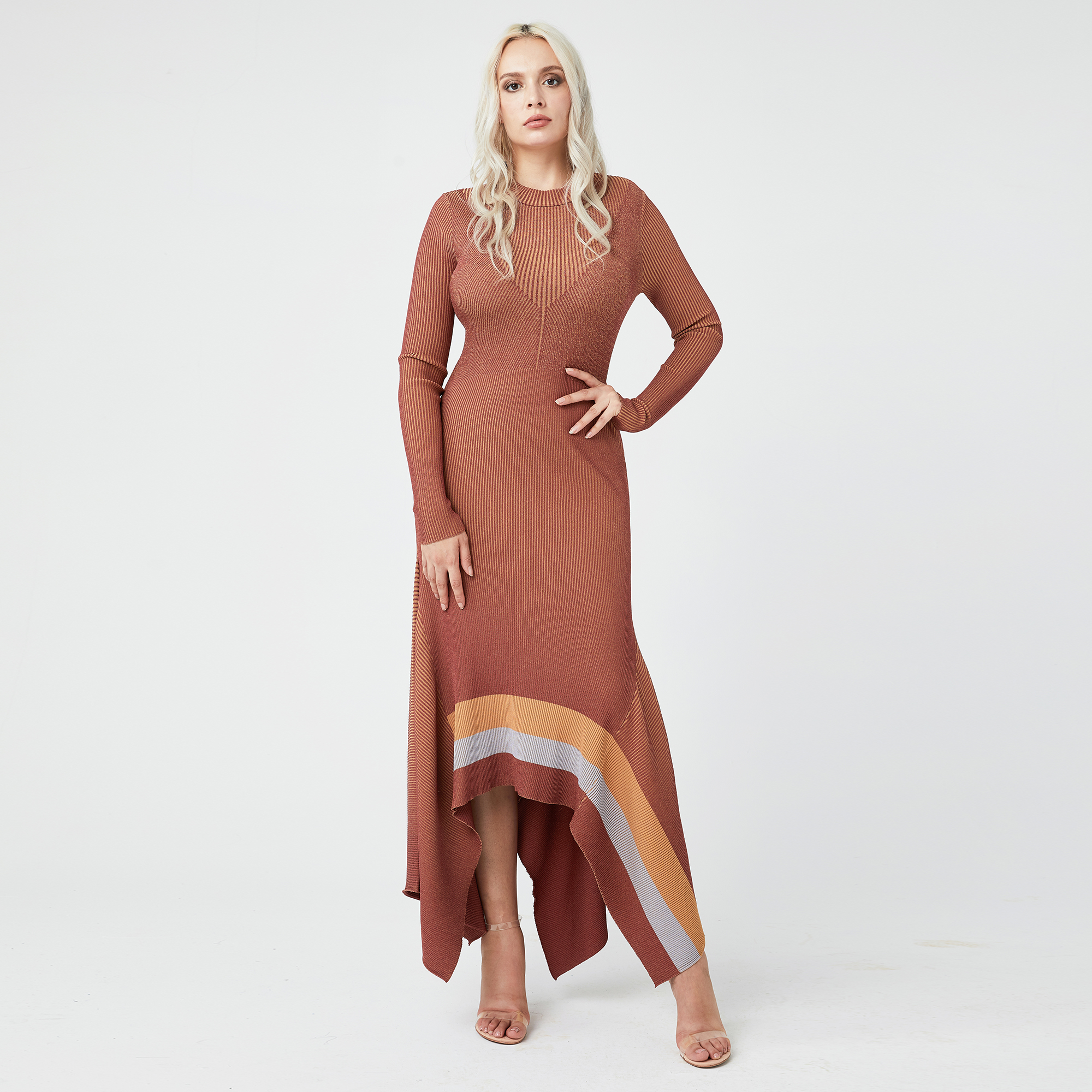 New Arrival Casual Asymmetric Hem Long Sleeve Sexy Women Knit Long Sweater Dress Knitted clothes