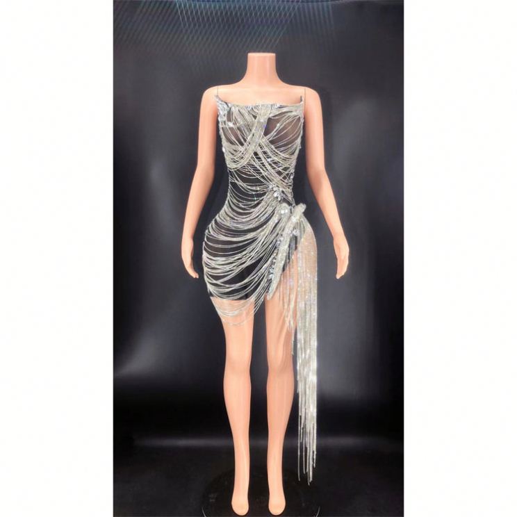 Hand Made Fashion Sexy Strapless Rhinestone Chain Club Dress Houllow Out Sparkly Sequined Rhinestone Fringe Tassel Dress