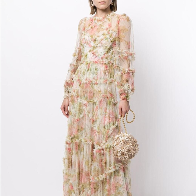 SM009 2021 Holiday Fashion Dress Long Sleeve Floral See Through Elegant Ruffle Dress High Quality Casual