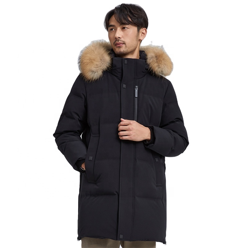 Winter custom anti wrinkle print men's down jacket coat goose for mens puffer winter jacket with fur hood