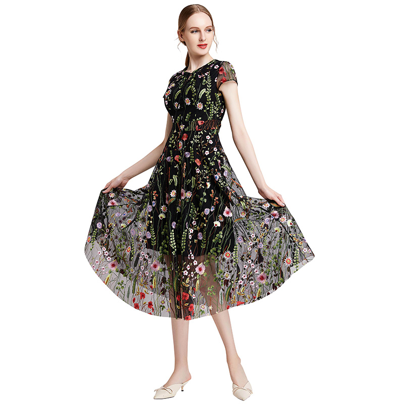 ND009 ODM OEM Women All-over floral embroidered tulle cap sleeves midi party dress