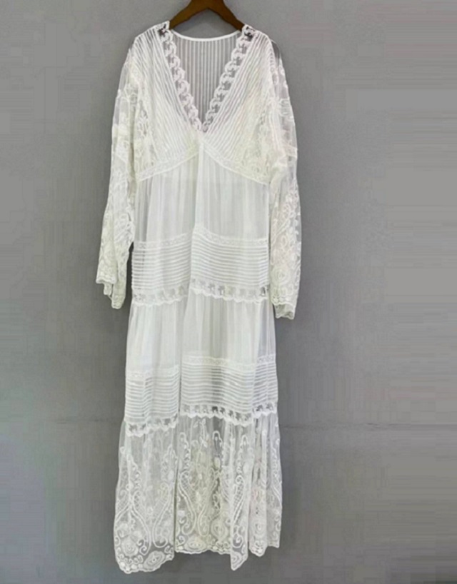 Top Quality New White Long Dress 2022 Spring Wedding Party Women V-Neck Allover Exquisite Embroidery Long Sleeve Lace Maxi Dress