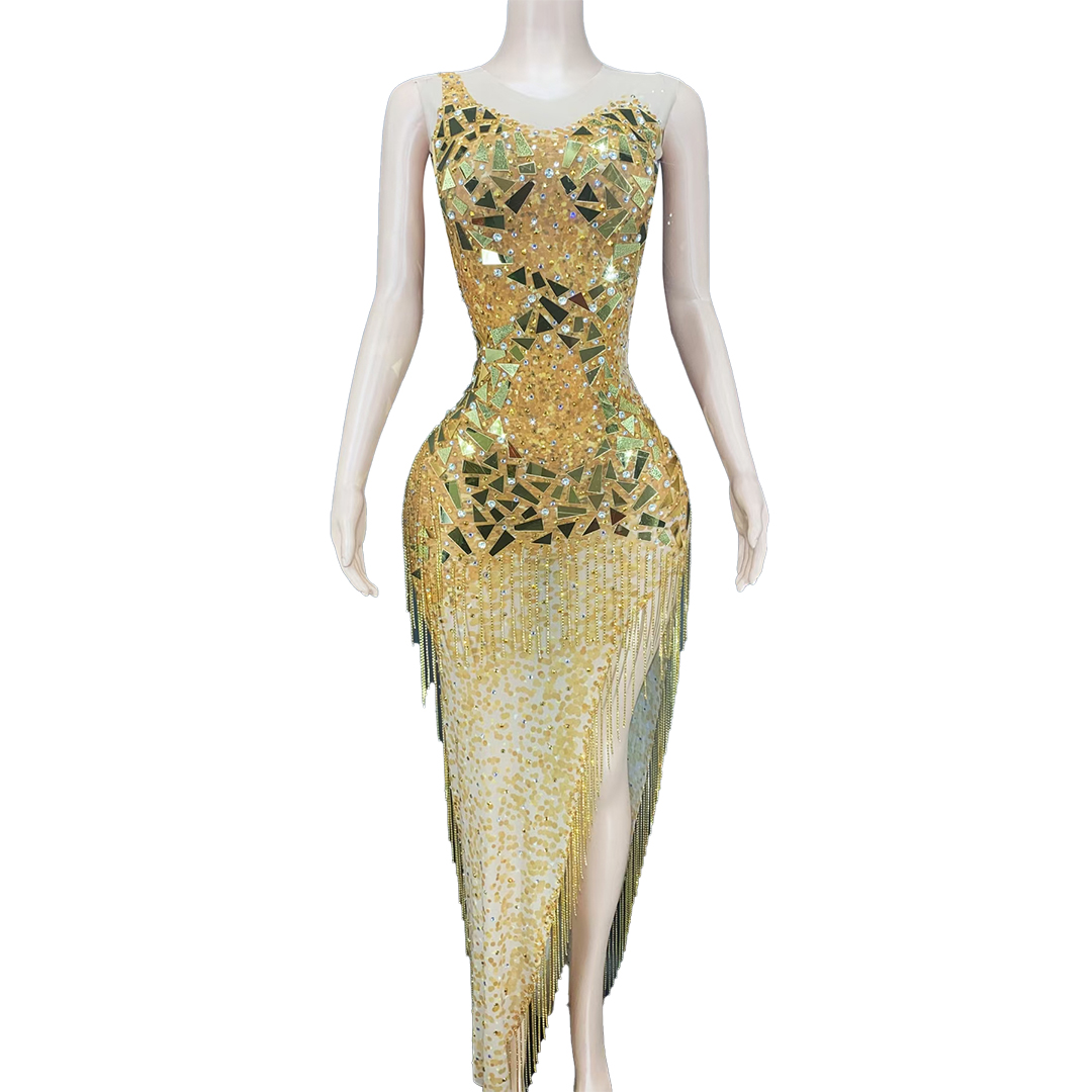 Fashion See Through Gold Sequins Crystal Birthday Wedding Party Dress Women Sexy Long Prom Dress Tassel High Slit Evening Gown
