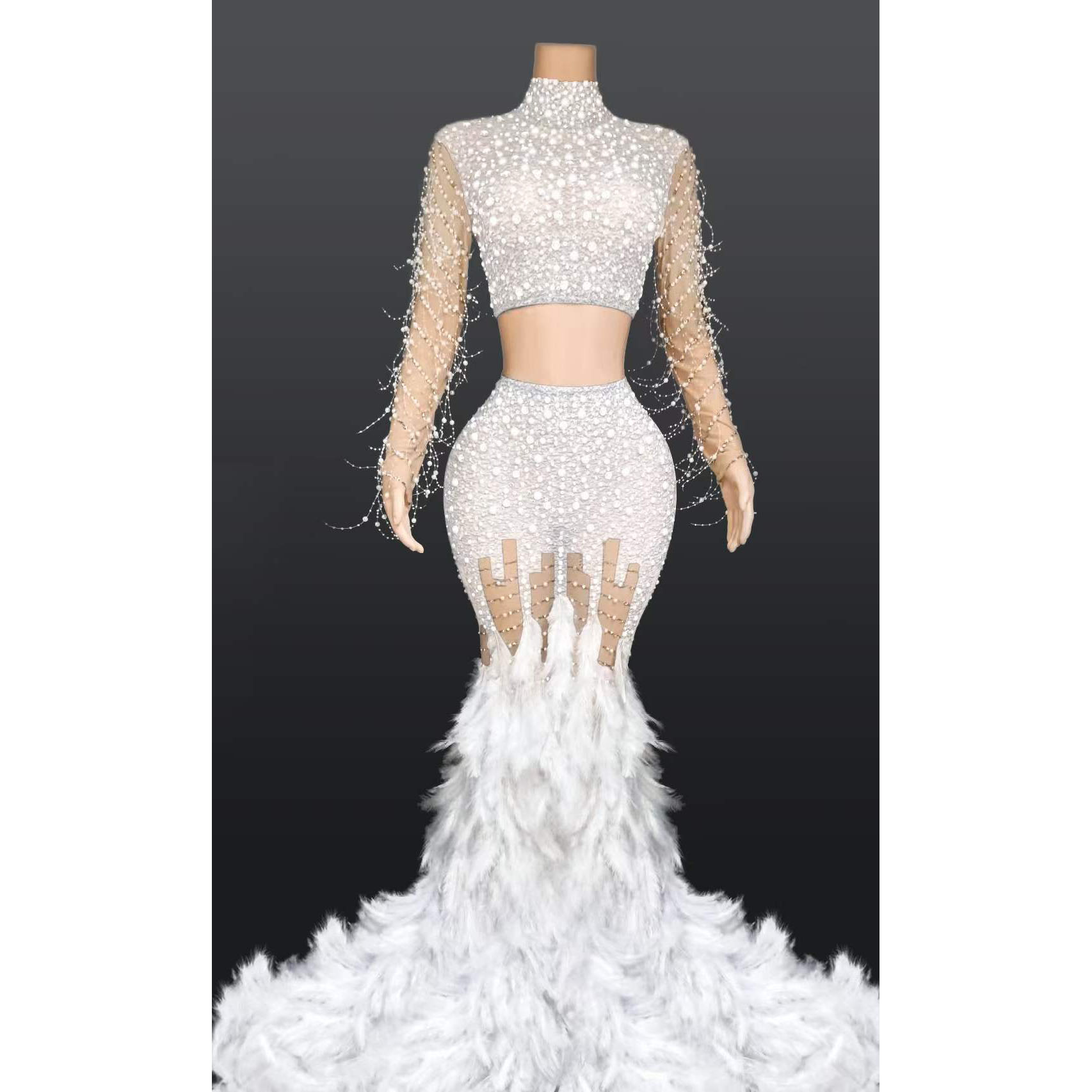 Latest Spring Elegant Bodycon 2 Piece Set Women Dresses Feather Rhinestone Beautiful Mermaid Evening Dresses