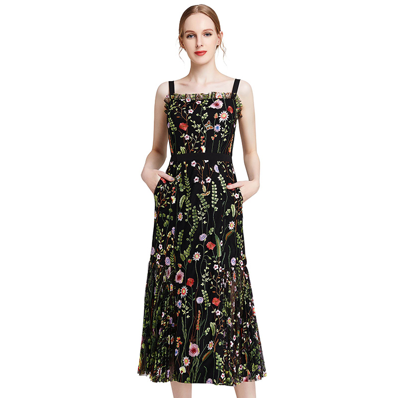 ND001 ODM OEM Women sling dresses mesh flower embroidery lace maxi pleated dress casual dresses for women