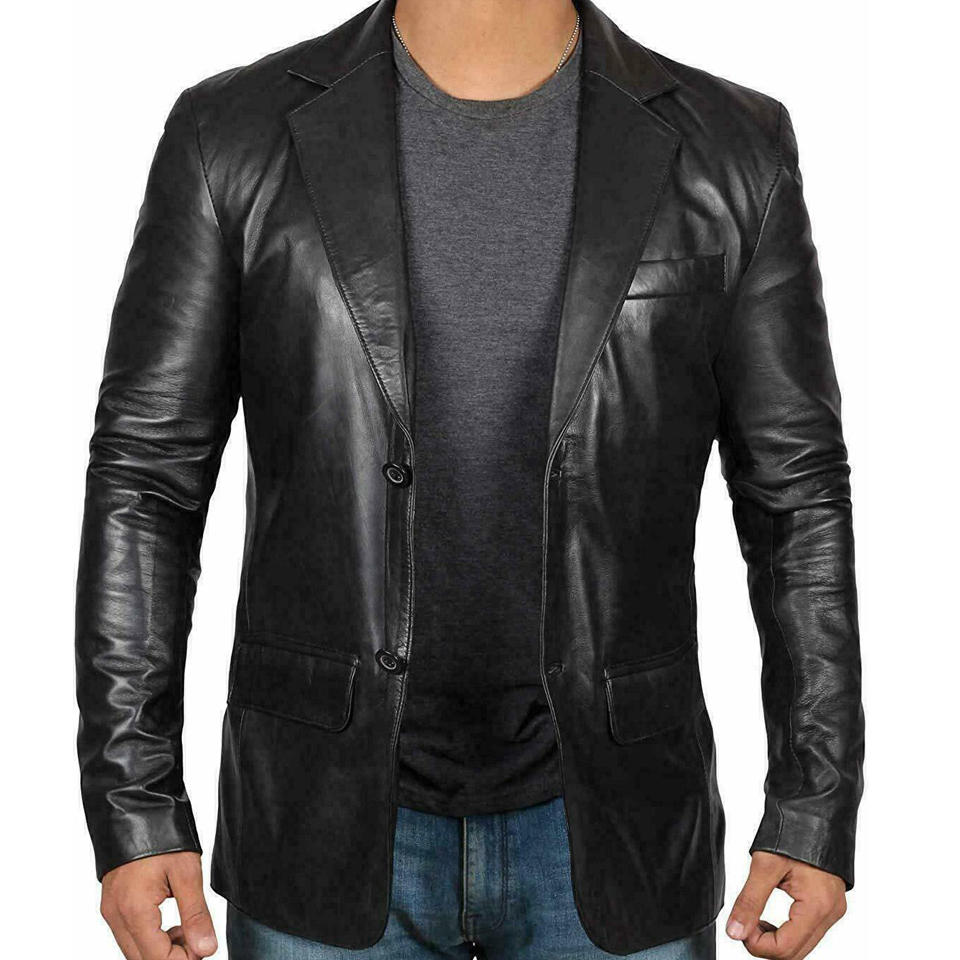 Men Genuine Lambskin Leather Blazer Soft Two Front Button Black Coat Jacket Spring Shell Style