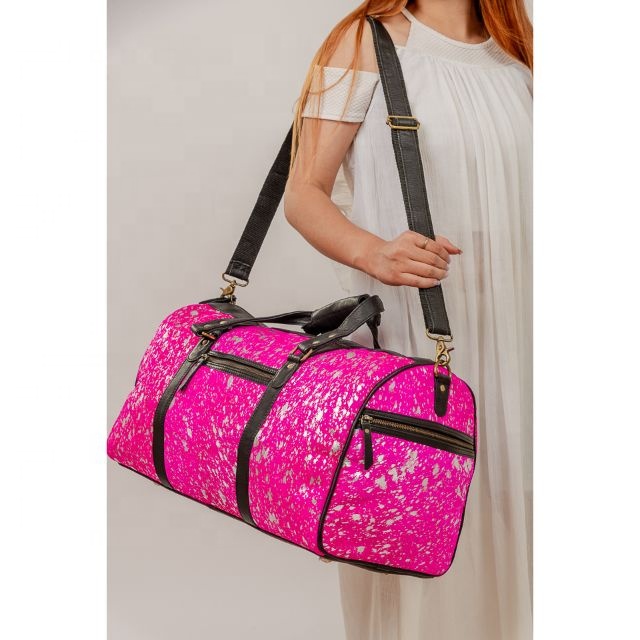 Pink Fur Glitter Print  Hair On Hide Leather Travel Duffle Women Shoulder Bags Leather Handbag