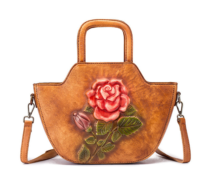 Retro new leather handbags hand-brushed carved diagonal cross-bag flower shoulder top layer leather handbag