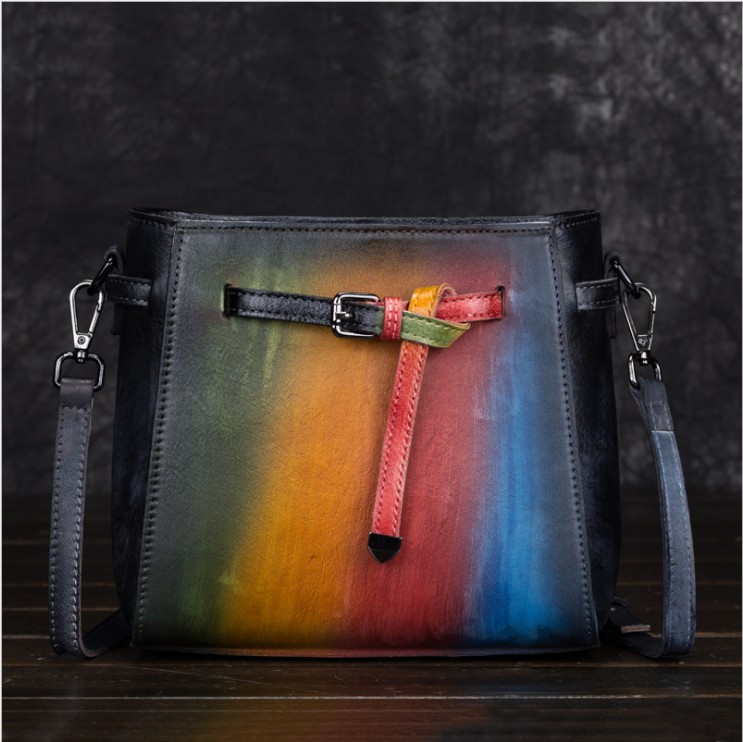 Leather handbag original handmade rub color retro fashion first layer leather shoulder diagonal bucket bag