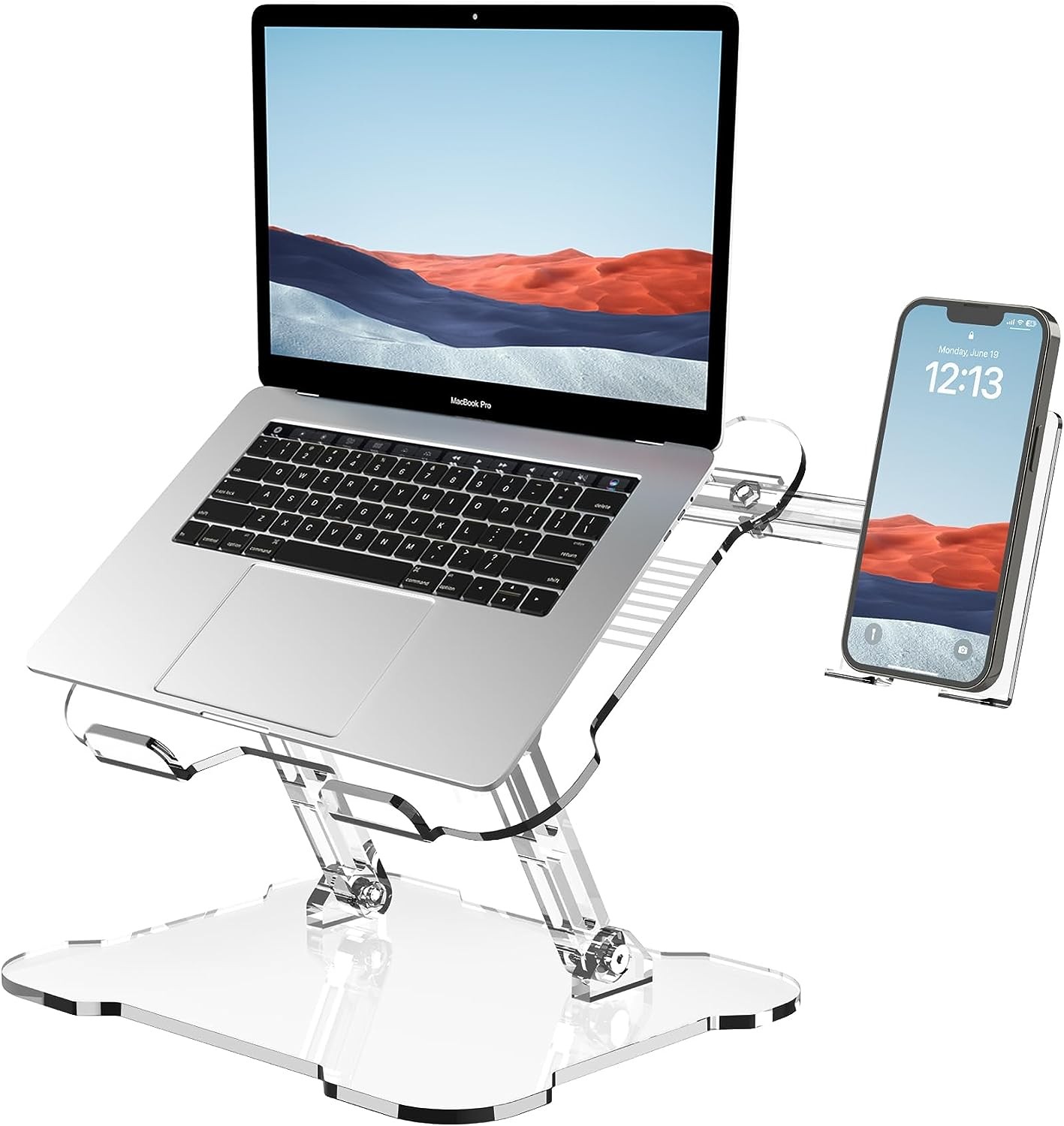 Lpoake Laptop Stand for Desk, 2023 Upgraded Acrylic Laptop Stand with Phone Holder, Adjustable Laptop Riser, Foldable White Computer Stand,Compatible with 10 to 15.6 Inches Laptops (Transparent)