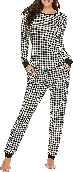 Ekouaer Women's Pajama Set Plaid Pj Long Sleeve Sleepwear Soft Contrast 2 Piece Lounge Sets