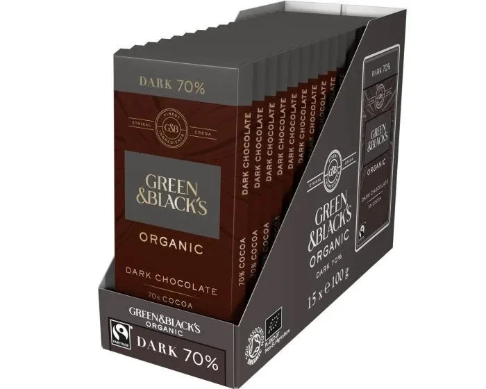 G&B ORGANIC DARK 70% CHOCOLATE 90G BAR (BOX OF 15)