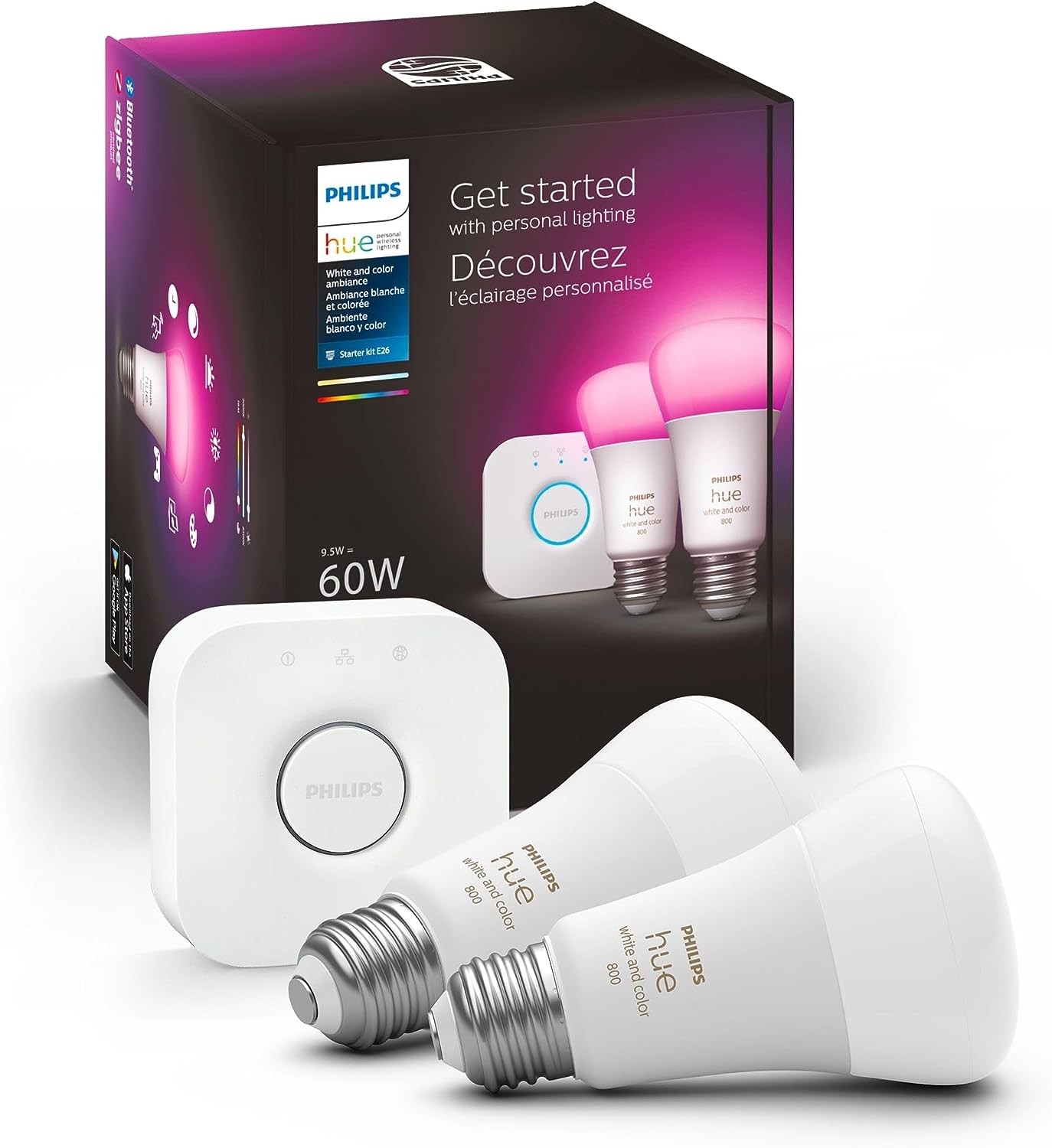 Philips Hue White and Color Ambiance Smart Light Starter Kit, Includes (2) 60W A19 Smart Bulbs with Hue Bridge, Compatible with Alexa, Apple HomeKit and Google Assistant