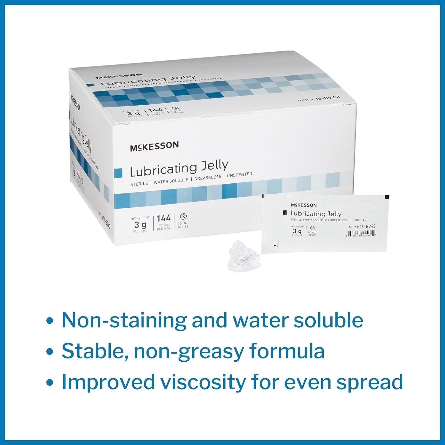 McKesson Lubricating Jelly, Sterile, Water Soluble, Unscented, Greaseless, Individual Packet, 144 Count, 6 Packs, 864 Total