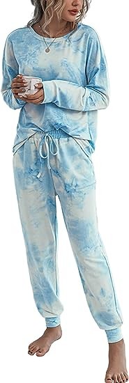 IFFEI Womens Pajama Sets 2 Piece Tie Dye Long Sleeve Loungewear Sweatshirt Outfits with Pockets