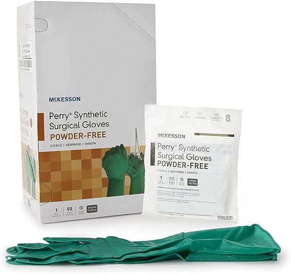 McKesson Perry Performance Plus Synthetic Surgical Gloves, Sterile, Powder-Free, Dark Green, Size 8, 50 Count, 4 Boxes, 200 Total