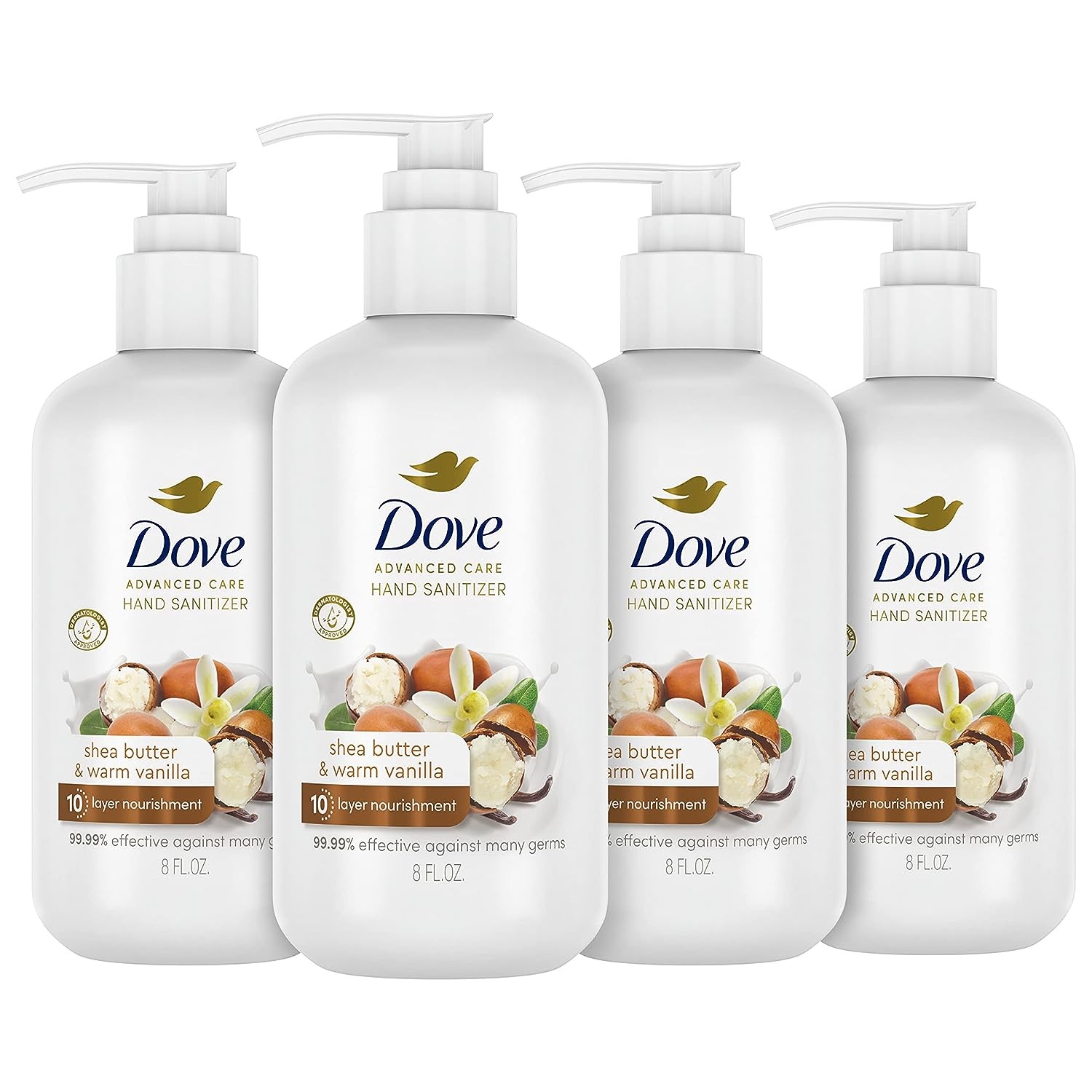 Dove Advanced Care Hand Sanitizer Shea Butter & Warm Vanilla Pack of 4 for Soft, Smooth Skin, 99.99% Effective Against Many Germs, 8 oz, White
