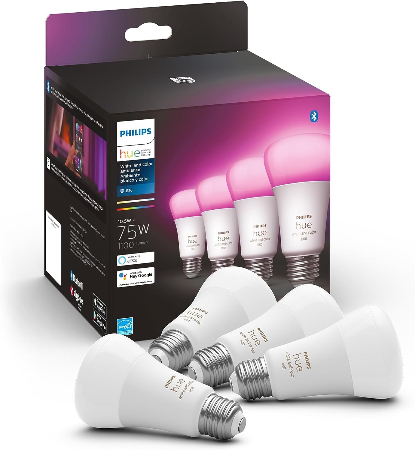 Philips Hue 4-Pack White and Color A19 Medium Lumen Smart Bulb, 1100 Lumens, Bluetooth & Zigbee Compatible (Hue Hub Optional), Compatible with Alexa & Google Assistant