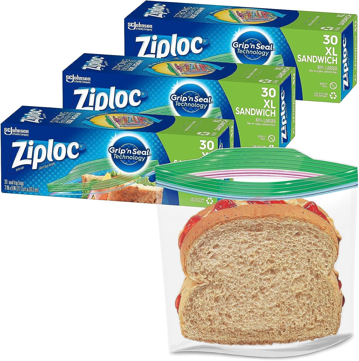 Ziploc XL Sandwich and Snack Bags for On the Go Freshness, Grip 'n Seal Technology for Easier Grip, Open, and Close, 30 Count, Pack of 3 (90 Total Bags)
