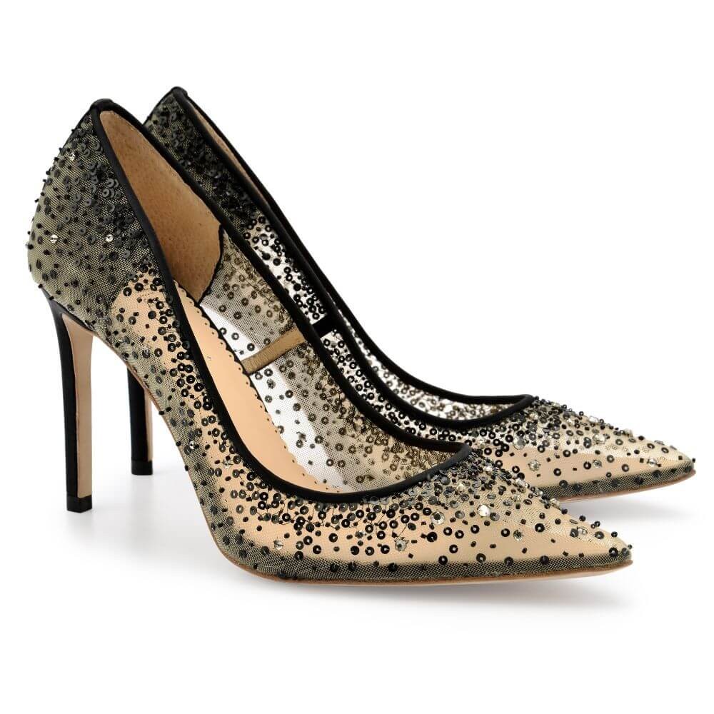 ELSA BLACK Crystal Embellished Heels with Black Sequin on Nude Mesh