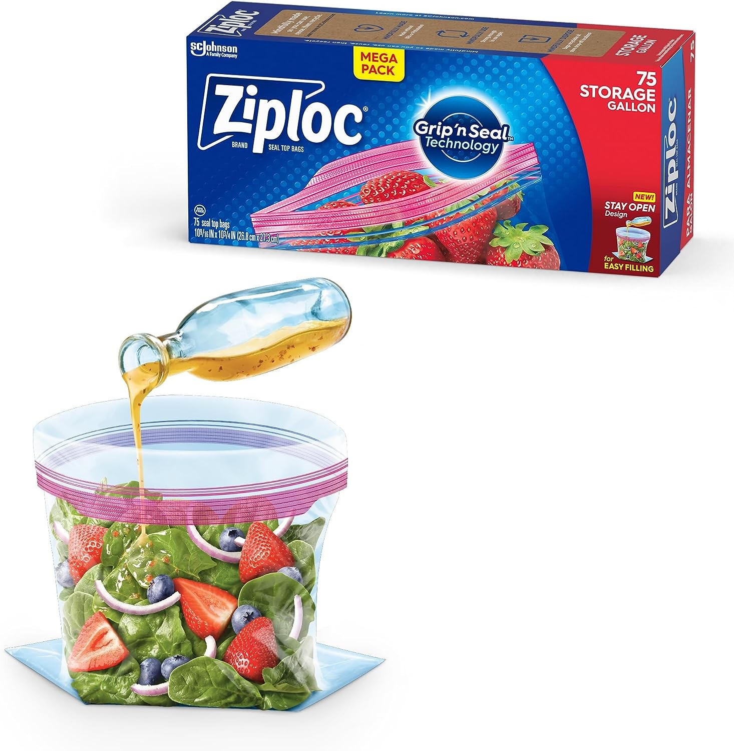 Ziploc Gallon Food Storage Bags, New Stay Open Design with Stand-Up Bottom, Easy to Fill, 75 Count