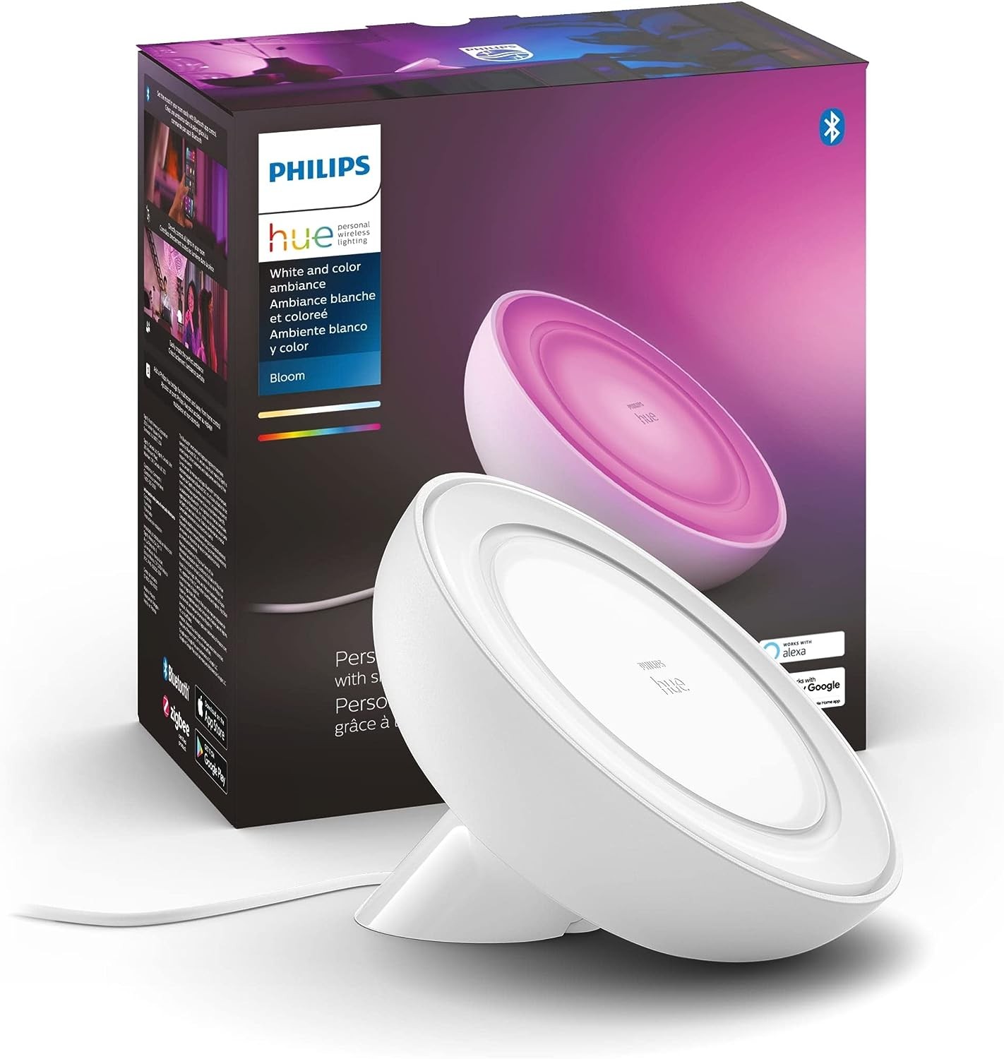 Philips Hue Bloom White and Color Ambiance Smart Lamp, Works with Amazon Alexa, Apple Homekit and Google Assistant, Bluetooth Compatible, Corded, White, 7.1W
