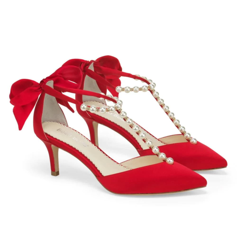 LISA RED Red Kitten Heels with Pearl T Straps and Bows