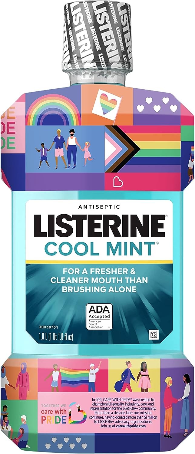 Listerine Cool Mint Antiseptic Mouthwash to Kill 99% of Germs That Cause Bad Breath, Plaque and Gingivitis, Cool Mint Flavor, Special Care with Pride Packaging, 1 L