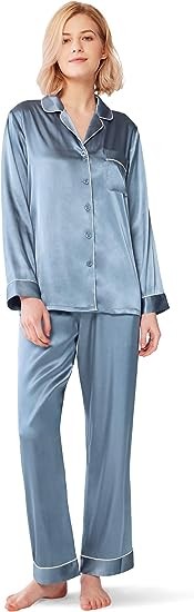 SIORO Silk Satin Pajamas Women, Long Sleeve Silk Pjs for Women Set, Two-piece Button-Down Sleepwear, Small~X-Large