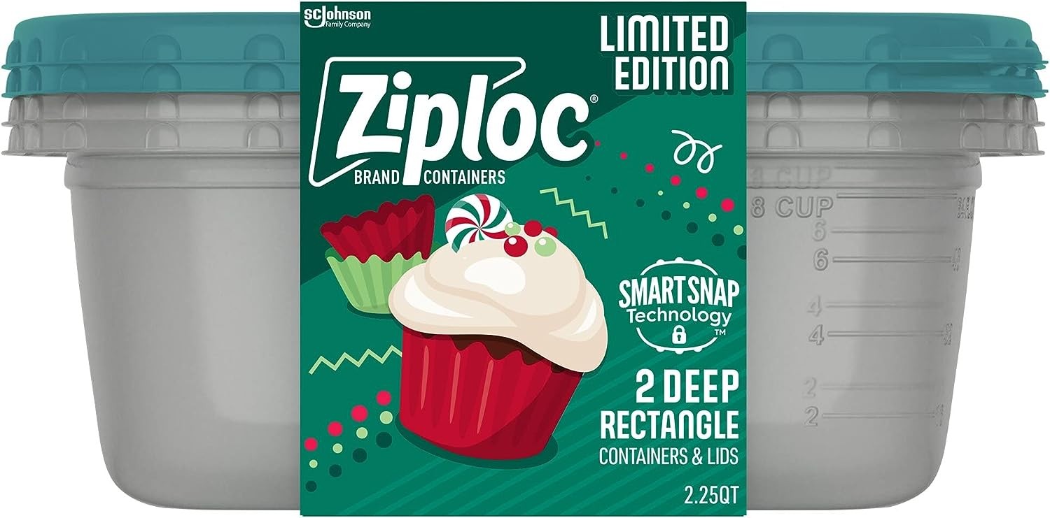 Ziploc Food Storage Meal Prep Containers Reusable for Kitchen Organization, Smart Snap Technology, Dishwasher Safe, Deep Rectangle, 2 Count, Holiday Designs Visit the Ziploc Store