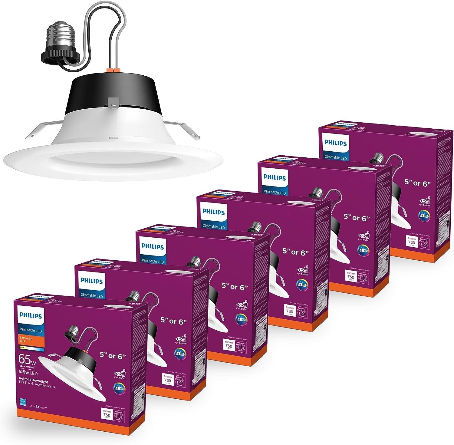 Philips LED Flicker Free 5"/6" Dimmable Recessed Downlight, EyeComfort Technology, 750 Lumen, Soft White Light (2700K), 8.5W=65W, E26 Base, Title 20 Certified, 6-Pack