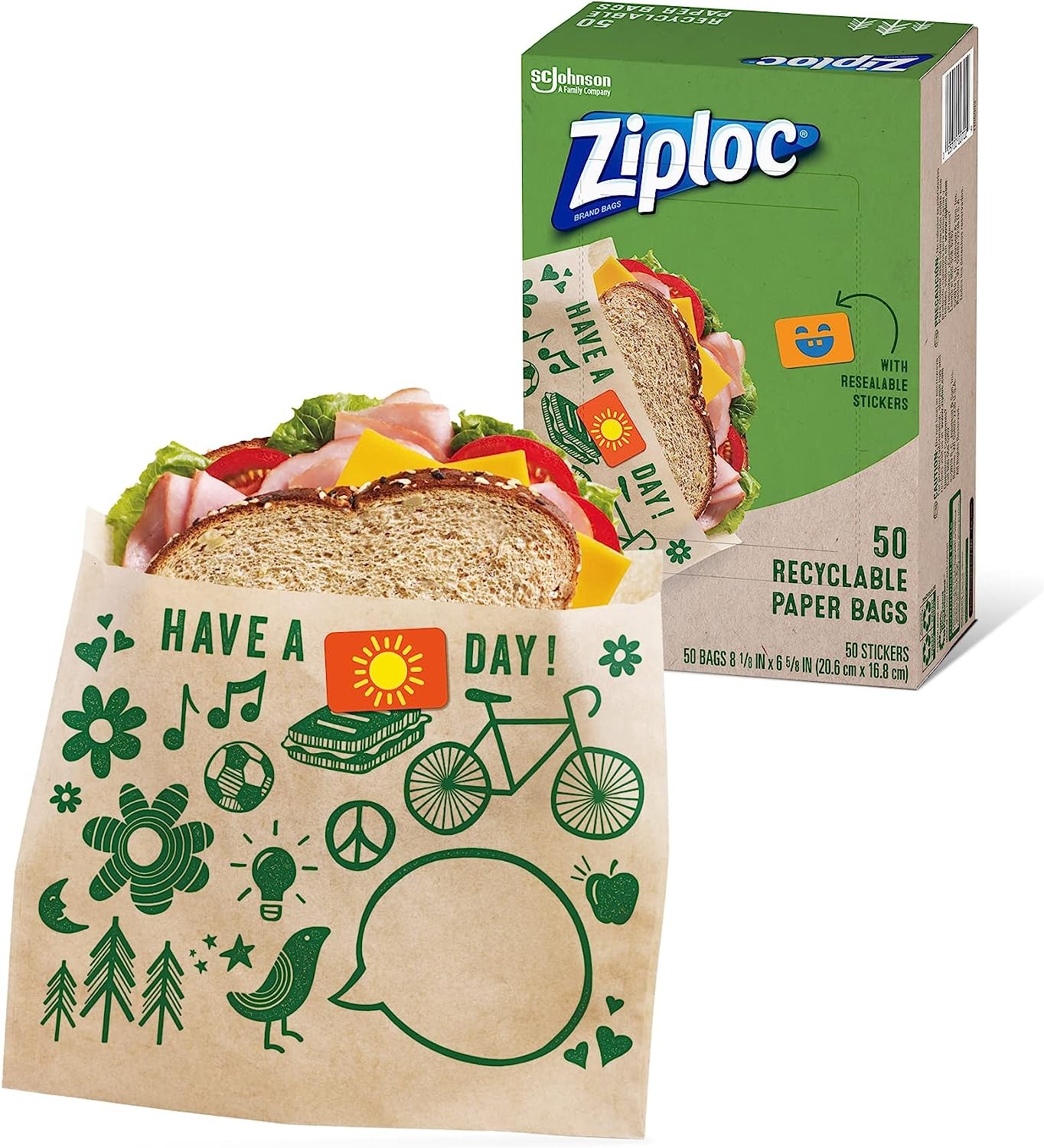 Ziploc Paper Sandwich & Snack Bags, Recyclable & Sealable with Fun Designs, 50 Count