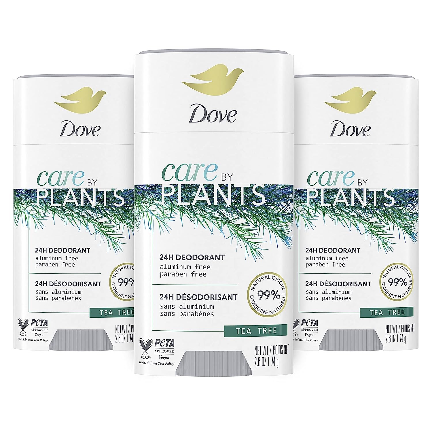 Dove Care by Plants Deodorant Stick for long-lasting deodorant protection Tea Tree aluminum free deodorant, 2.6 Oz, Pack of 3