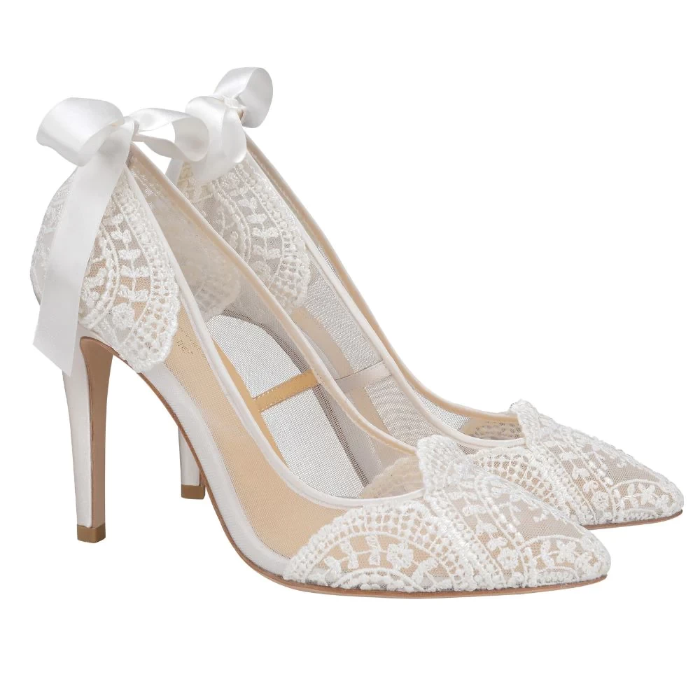 GISELLE Ivory Lace Boho Wedding Heels with Ribbon Tie